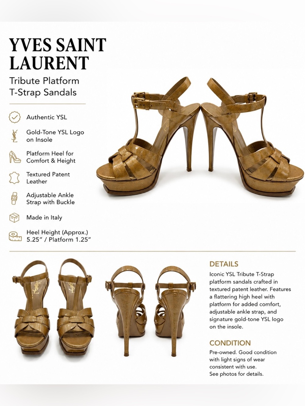 Yves Saint Laurent Metallic Bronze Patent Leather Tribute T‑Strap Platforms